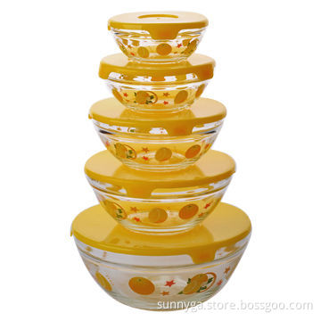 Decal Printed Glass Bowl Set with FDA Mark and Yellow Lid 5 Pieces